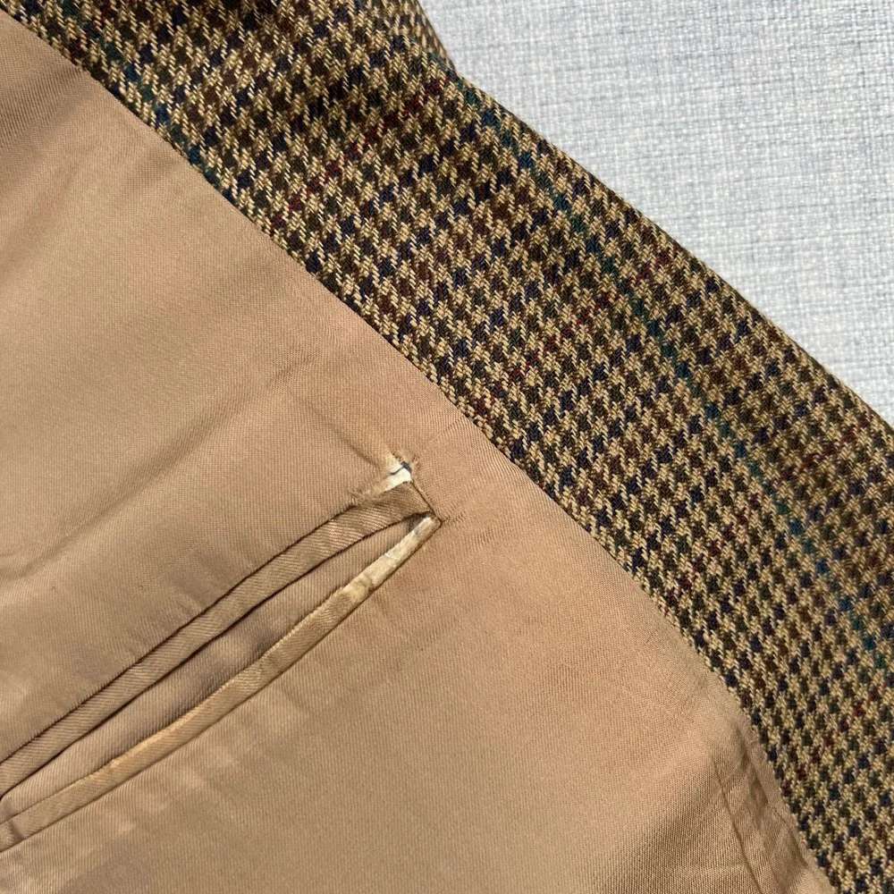 VTG 90s Polo University Club Ralph Lauren Brown Houndstooth Silk Wool Blazer 44R